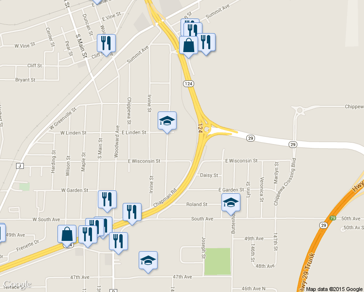 map of restaurants, bars, coffee shops, grocery stores, and more near 615 A Street in Chippewa Falls
