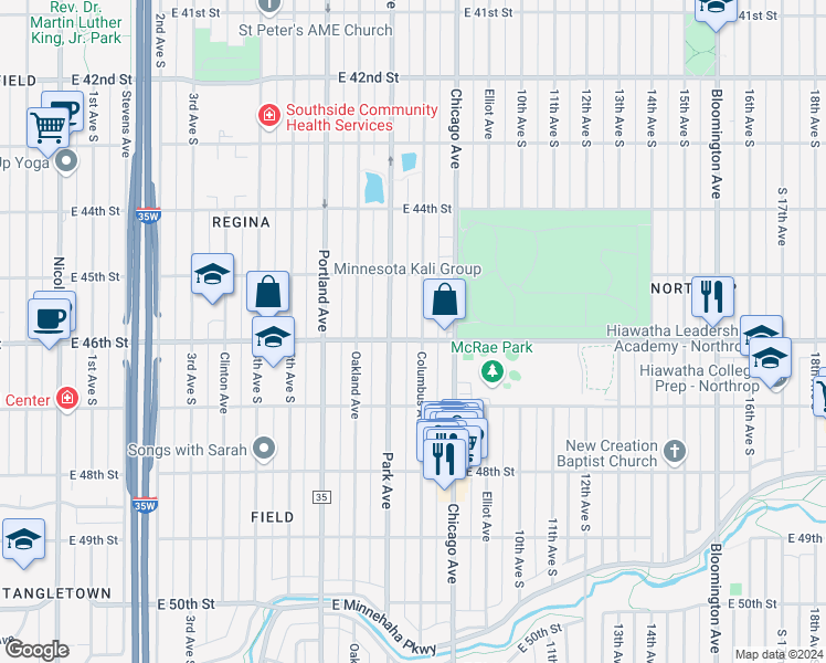 map of restaurants, bars, coffee shops, grocery stores, and more near 4532 Columbus Avenue in Minneapolis