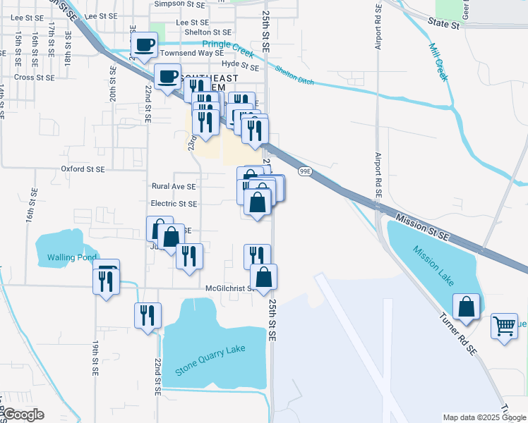 map of restaurants, bars, coffee shops, grocery stores, and more near 1869 25th Street Southeast in Salem