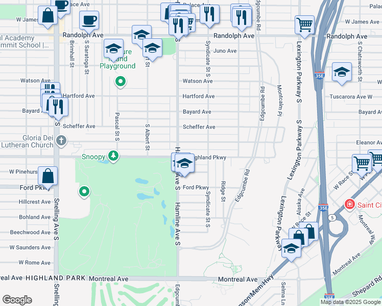 map of restaurants, bars, coffee shops, grocery stores, and more near 1322 Eleanor Avenue in Saint Paul