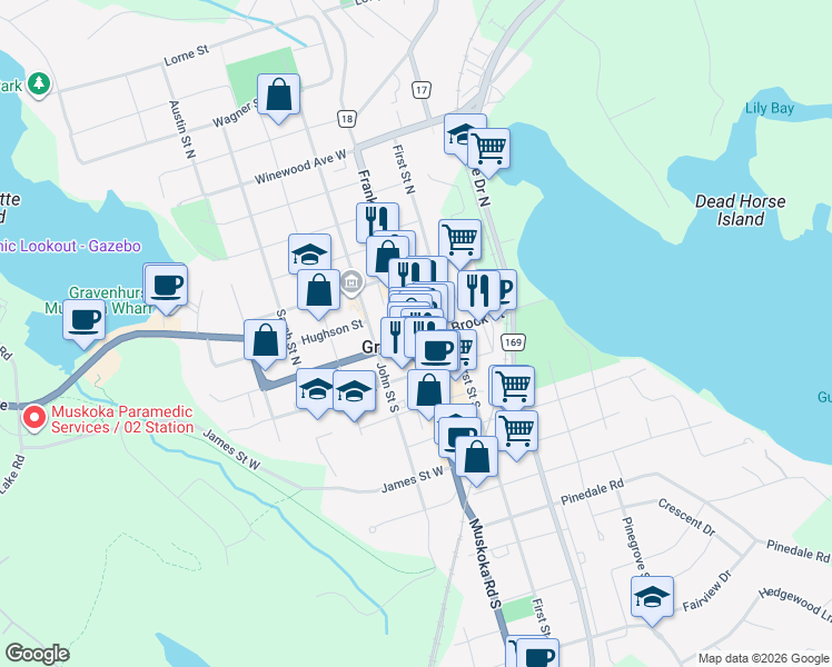 map of restaurants, bars, coffee shops, grocery stores, and more near 100 Muskoka Road North in Gravenhurst