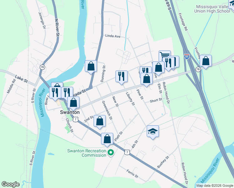 map of restaurants, bars, coffee shops, grocery stores, and more near 77 1st Street in Swanton