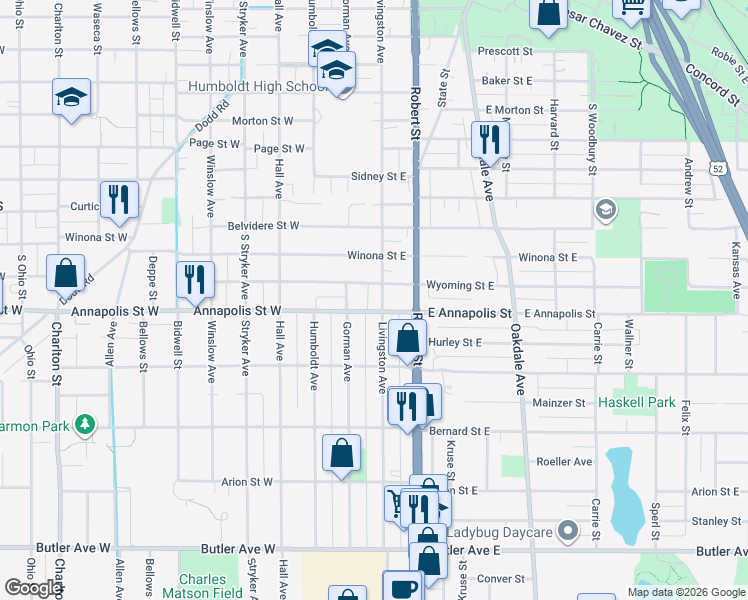 map of restaurants, bars, coffee shops, grocery stores, and more near 67 Wyoming Street East in Saint Paul