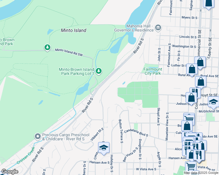 map of restaurants, bars, coffee shops, grocery stores, and more near fairmont park trail in Salem