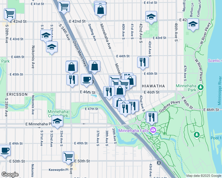 map of restaurants, bars, coffee shops, grocery stores, and more near 4532 Snelling Avenue in Minneapolis