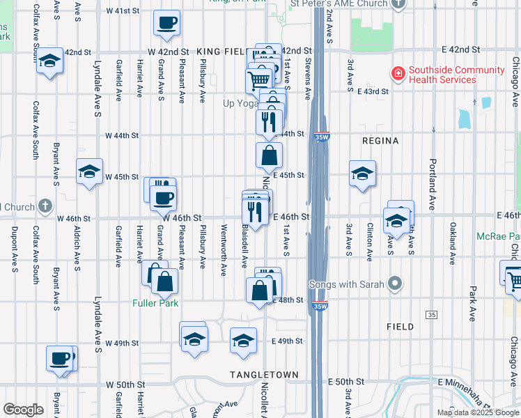 map of restaurants, bars, coffee shops, grocery stores, and more near 4527 Blaisdell Avenue in Minneapolis