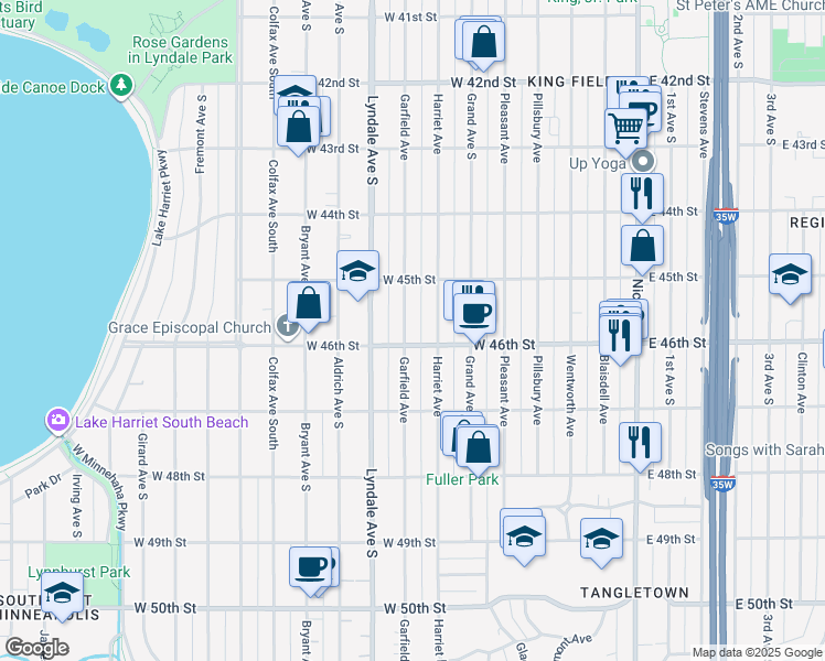 map of restaurants, bars, coffee shops, grocery stores, and more near 4525 Garfield Avenue in Minneapolis