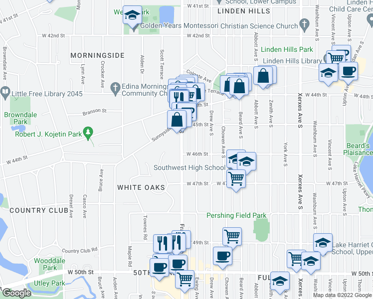 map of restaurants, bars, coffee shops, grocery stores, and more near 4519 France Avenue South in Minneapolis