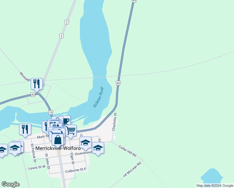 map of restaurants, bars, coffee shops, grocery stores, and more near 517 Main Street East in Merrickville