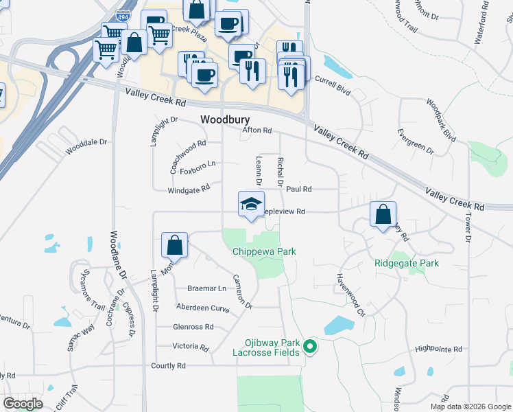 map of restaurants, bars, coffee shops, grocery stores, and more near 7307 Paul Alcove in Woodbury
