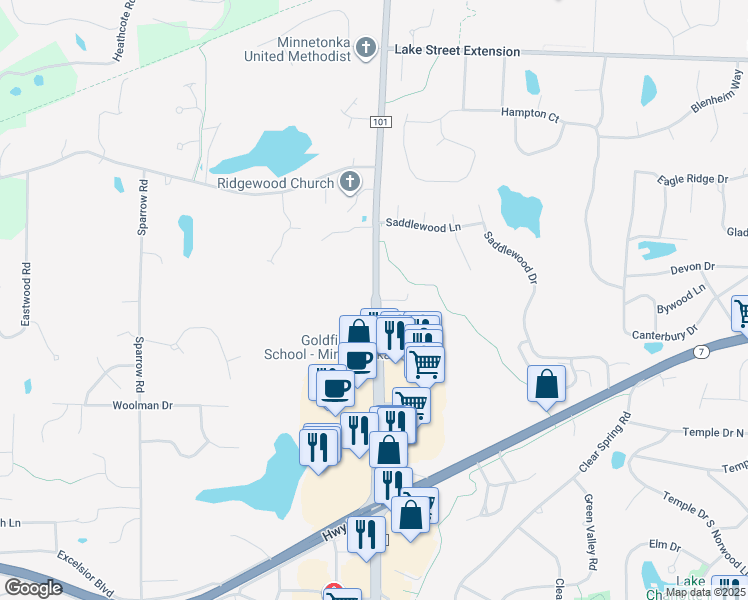 map of restaurants, bars, coffee shops, grocery stores, and more near 4548 County Road 101 in Minnetonka