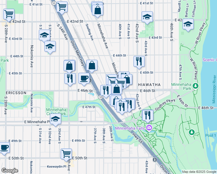 map of restaurants, bars, coffee shops, grocery stores, and more near 4532 Snelling Avenue in Minneapolis