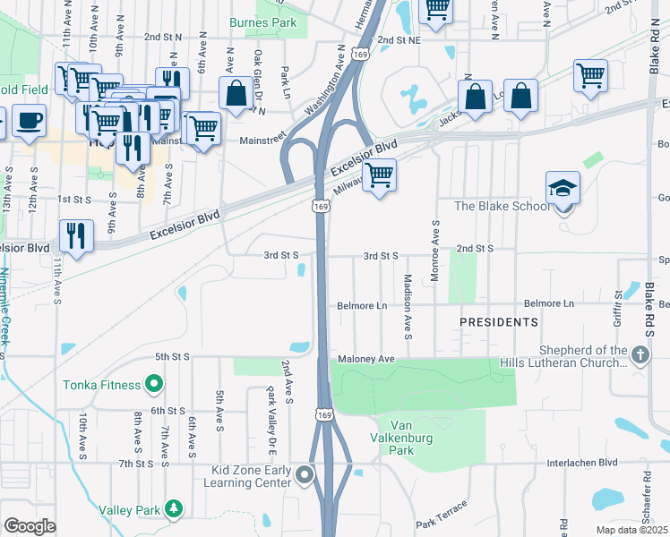 map of restaurants, bars, coffee shops, grocery stores, and more near 300 Adams Avenue in Hopkins