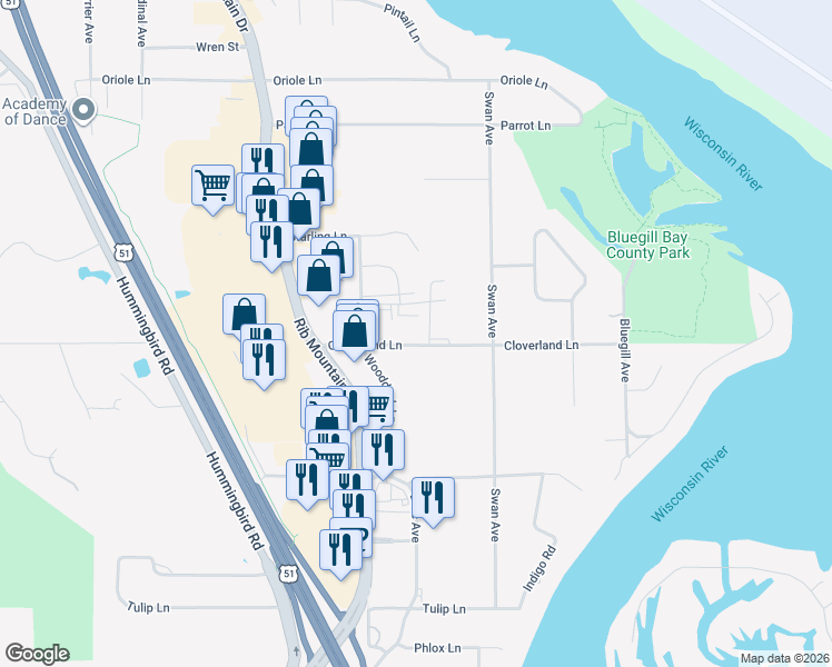 map of restaurants, bars, coffee shops, grocery stores, and more near 1001 Redtail Lane in Wausau