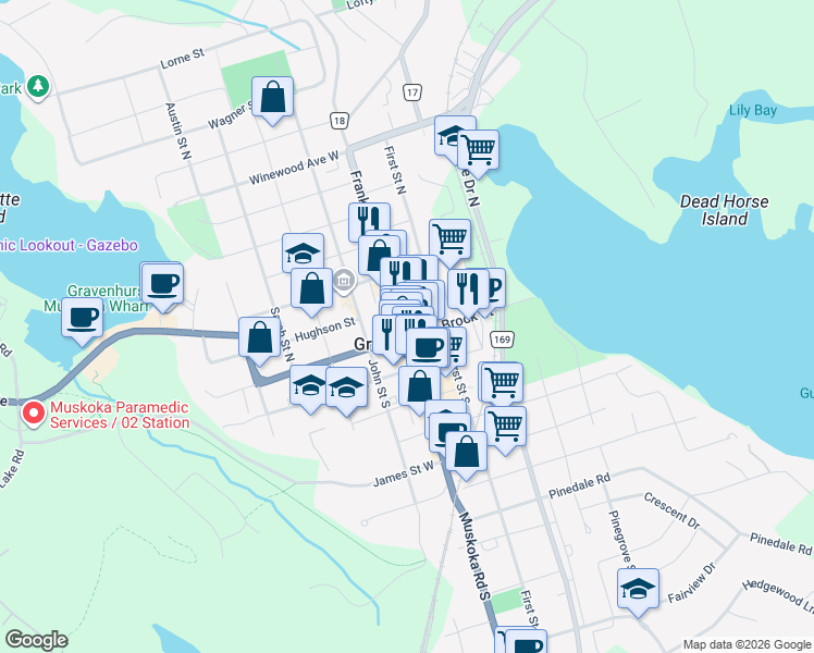 map of restaurants, bars, coffee shops, grocery stores, and more near in Gravenhurst