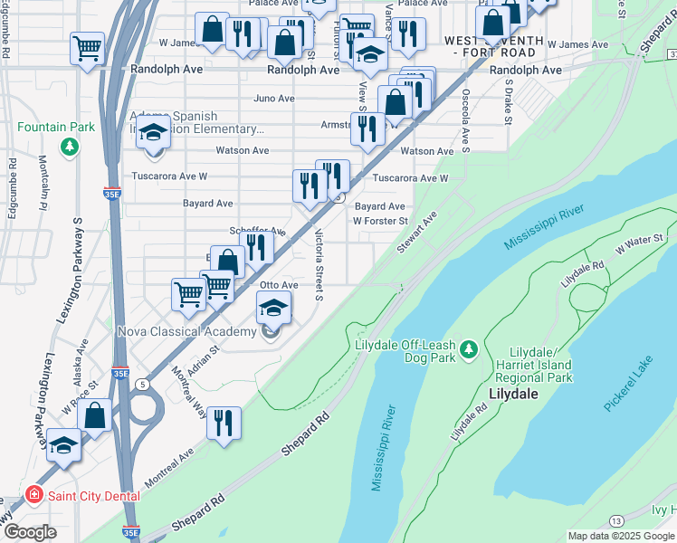 map of restaurants, bars, coffee shops, grocery stores, and more near 686 Victoria Street in Saint Paul