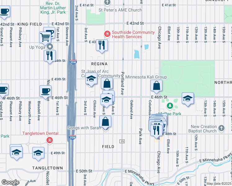 map of restaurants, bars, coffee shops, grocery stores, and more near 4533 South 5th Avenue in Minneapolis