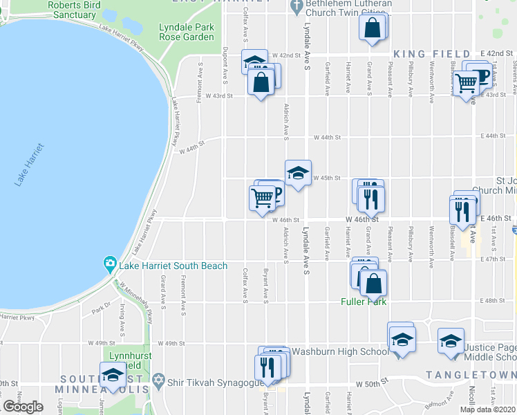 map of restaurants, bars, coffee shops, grocery stores, and more near 4528 Bryant Avenue South in Minneapolis