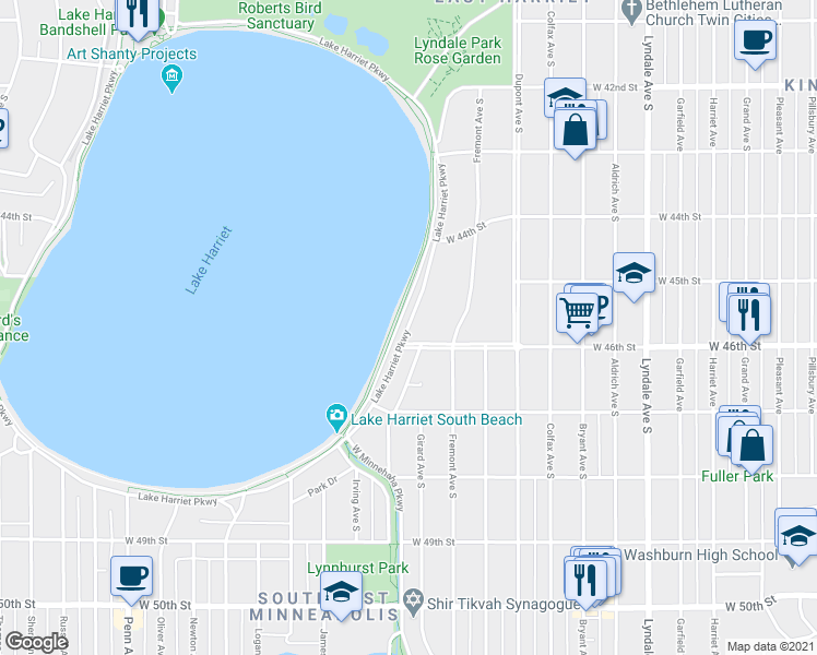 map of restaurants, bars, coffee shops, grocery stores, and more near 4551 East Lake Harriet Parkway in Minneapolis