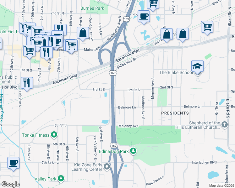 map of restaurants, bars, coffee shops, grocery stores, and more near 300 Adams Avenue in Hopkins