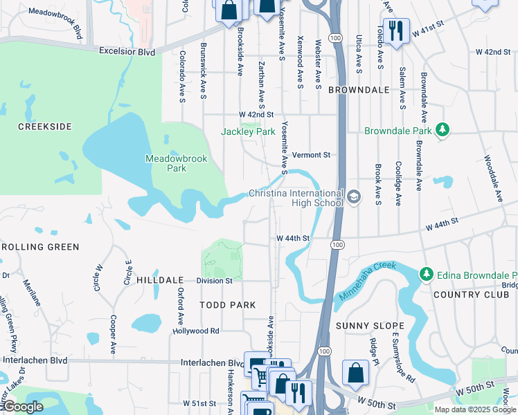 map of restaurants, bars, coffee shops, grocery stores, and more near 4350 Brookside Court in Minneapolis