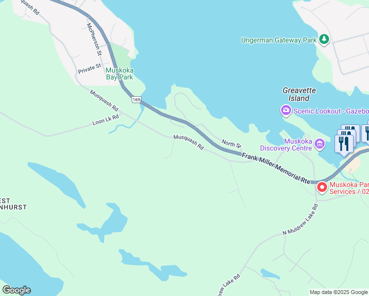 map of restaurants, bars, coffee shops, grocery stores, and more near 301 Musquash Road in Gravenhurst