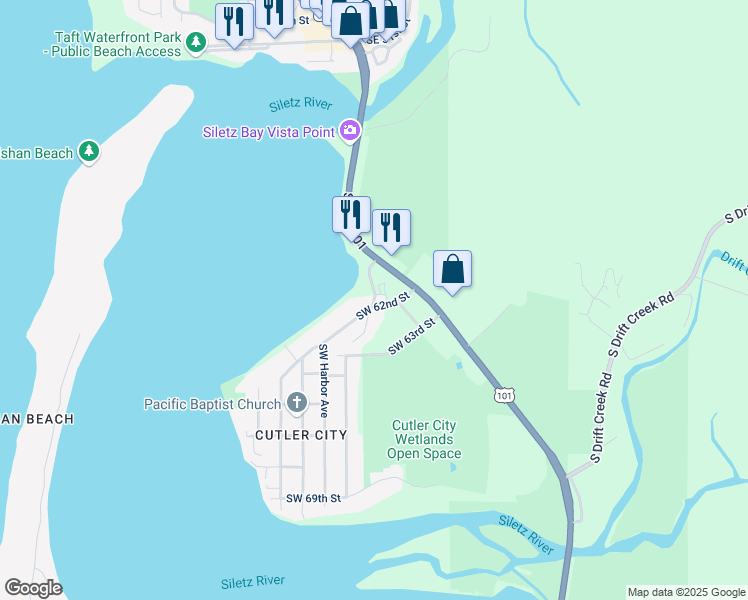 map of restaurants, bars, coffee shops, grocery stores, and more near 6261 Southwest Jetty Avenue in Lincoln City