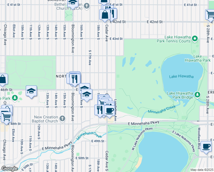 map of restaurants, bars, coffee shops, grocery stores, and more near 4546 Cedar Avenue in Minneapolis