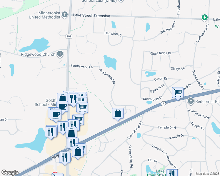 map of restaurants, bars, coffee shops, grocery stores, and more near 4552 Saddlewood Drive in Minnetonka