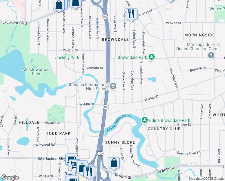 map of restaurants, bars, coffee shops, grocery stores, and more near 6 Vernon Avenue South in St. Louis Park