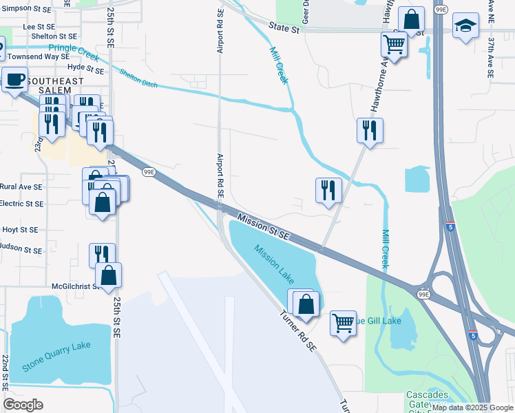 map of restaurants, bars, coffee shops, grocery stores, and more near 2925 Ryan Drive Southeast in Salem