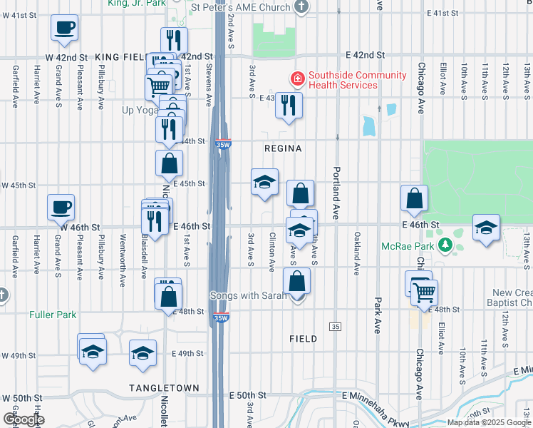map of restaurants, bars, coffee shops, grocery stores, and more near 4533 Clinton Avenue in Minneapolis