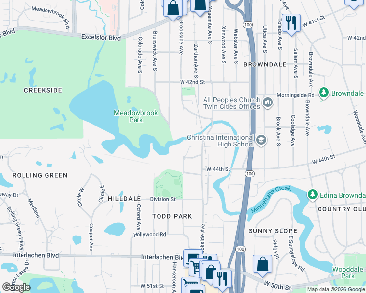 map of restaurants, bars, coffee shops, grocery stores, and more near 4350 Brookside Court in Edina