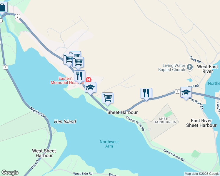map of restaurants, bars, coffee shops, grocery stores, and more near 55 Behie Road in Sheet Harbour