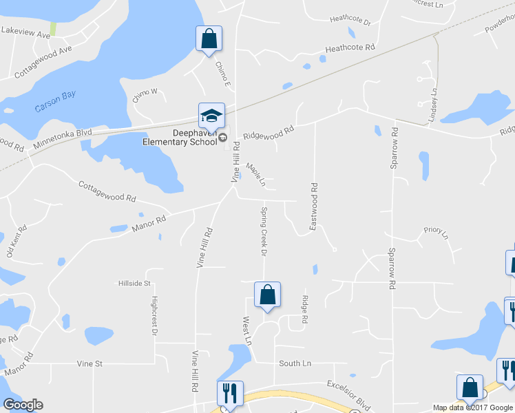 map of restaurants, bars, coffee shops, grocery stores, and more near 18995 Eastwood Drive in Excelsior