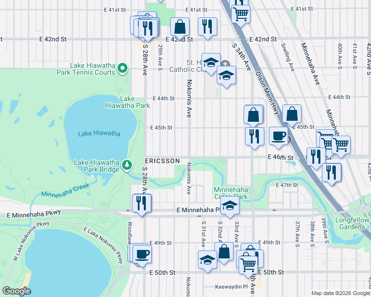 map of restaurants, bars, coffee shops, grocery stores, and more near 4533 Nokomis Avenue in Minneapolis