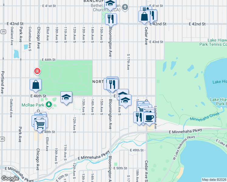 map of restaurants, bars, coffee shops, grocery stores, and more near 4535 Bloomington Avenue in Minneapolis