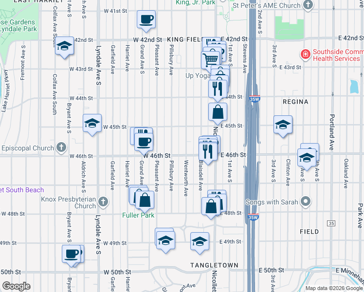 map of restaurants, bars, coffee shops, grocery stores, and more near 4531 Wentworth Avenue in Minneapolis
