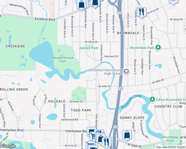 map of restaurants, bars, coffee shops, grocery stores, and more near 4350 Brookside Court in Edina