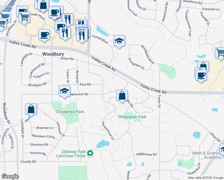 map of restaurants, bars, coffee shops, grocery stores, and more near 7686 Steepleview Road in Woodbury