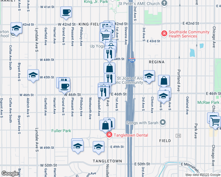 map of restaurants, bars, coffee shops, grocery stores, and more near 4527 Nicollet Avenue in Minneapolis