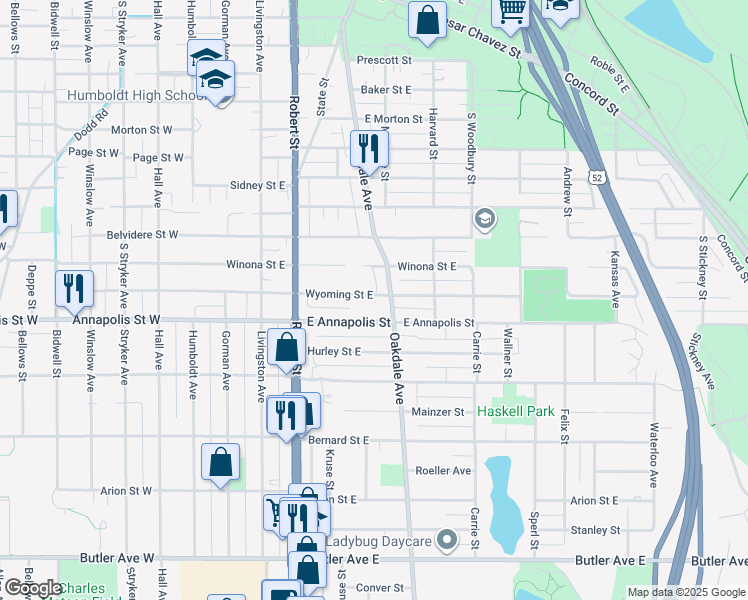 map of restaurants, bars, coffee shops, grocery stores, and more near 171 Wyoming Street East in Saint Paul