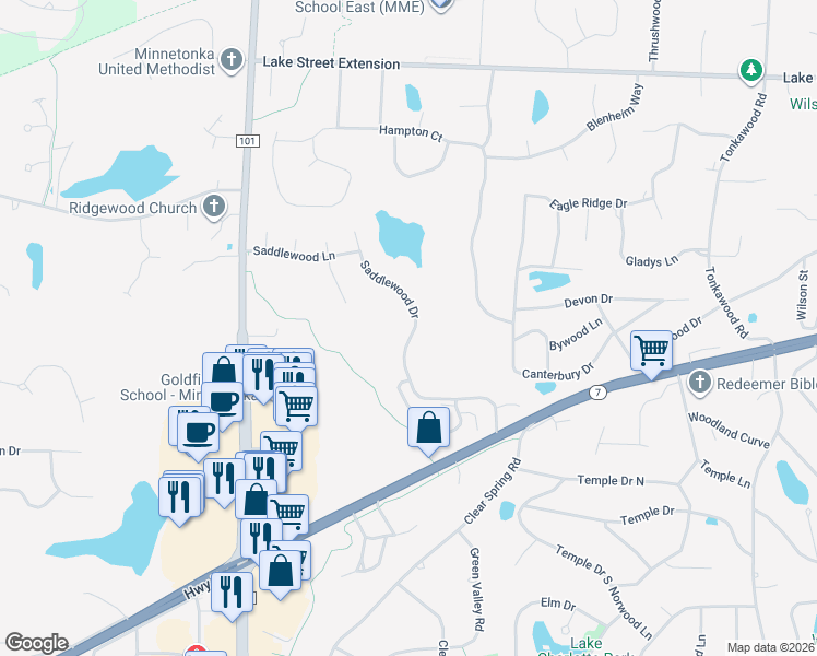 map of restaurants, bars, coffee shops, grocery stores, and more near 4552 Saddlewood Drive in Minnetonka