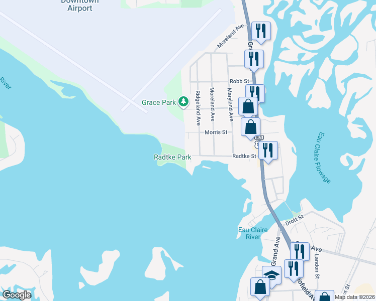 map of restaurants, bars, coffee shops, grocery stores, and more near 414 Radtke St in Schofield