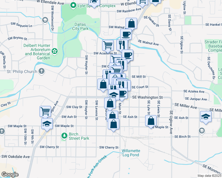 map of restaurants, bars, coffee shops, grocery stores, and more near 171 Southwest Court Street in Dallas
