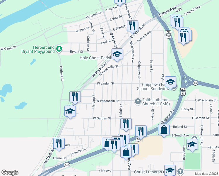 map of restaurants, bars, coffee shops, grocery stores, and more near 113 West Linden Street in Chippewa Falls
