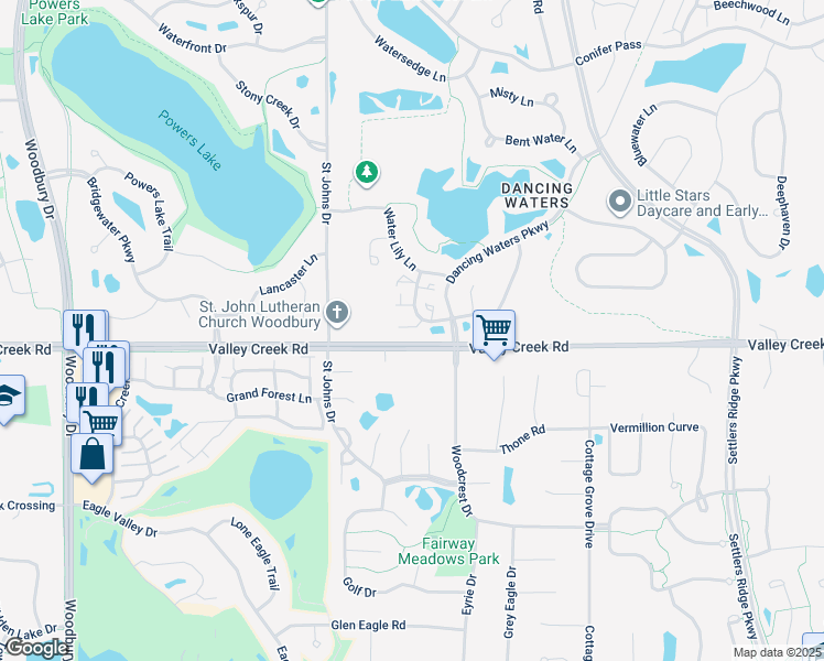 map of restaurants, bars, coffee shops, grocery stores, and more near 10753 Falling Water Lane in Woodbury