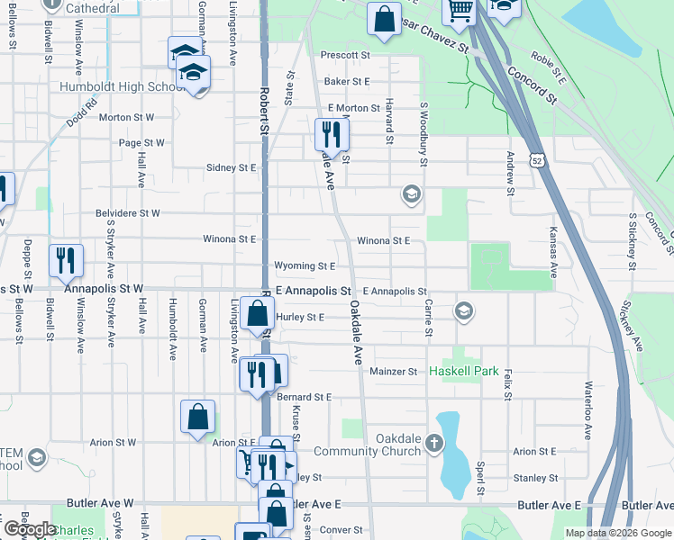 map of restaurants, bars, coffee shops, grocery stores, and more near 171 Wyoming Street East in Saint Paul