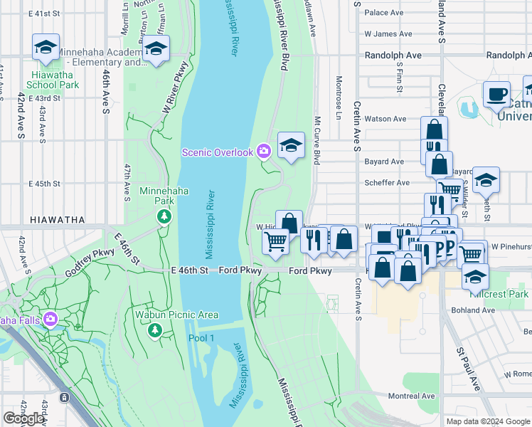 map of restaurants, bars, coffee shops, grocery stores, and more near 700 Mississippi River Boulevard in Saint Paul