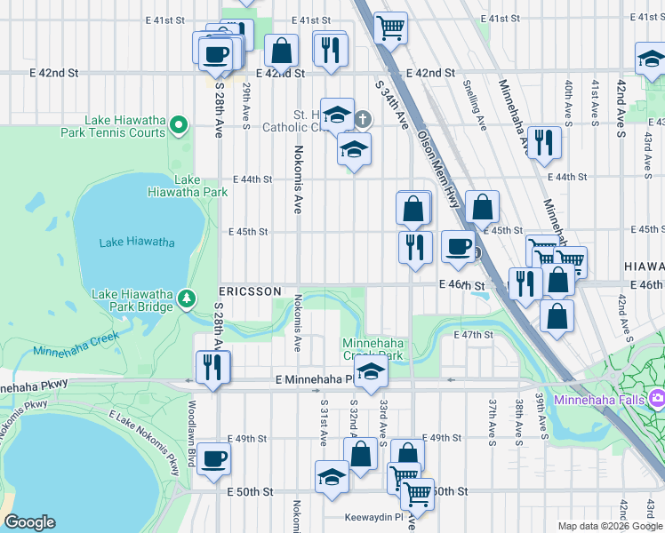 map of restaurants, bars, coffee shops, grocery stores, and more near 4529 South 31st Avenue in Minneapolis